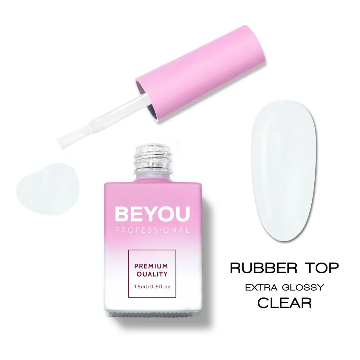 BEYOU Professional Rubber Top Coat Nail Extra Glossy Clear, 15 ml