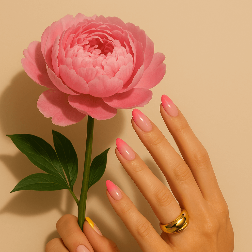 Hand holding a pink rose, with nail polish matching the pink rose color